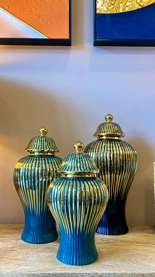 POTICHE IN CERAMICA VERDE LINEE ORO PICCOLO