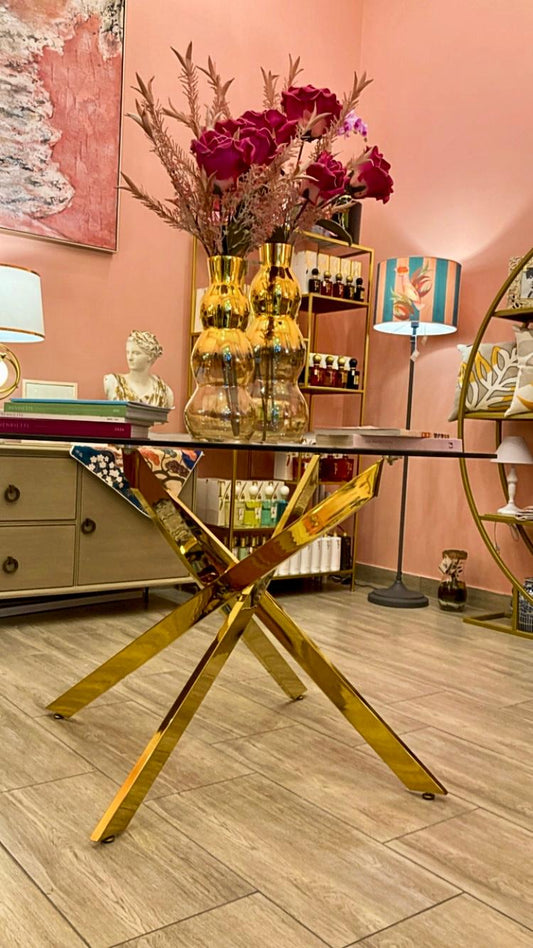 TAVOLO TONDO VETRO PIEDI ORO