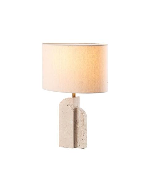 LAMPADA DA TAVOLO IN TRAVERTINO METALLO E PARALUME IN LINO