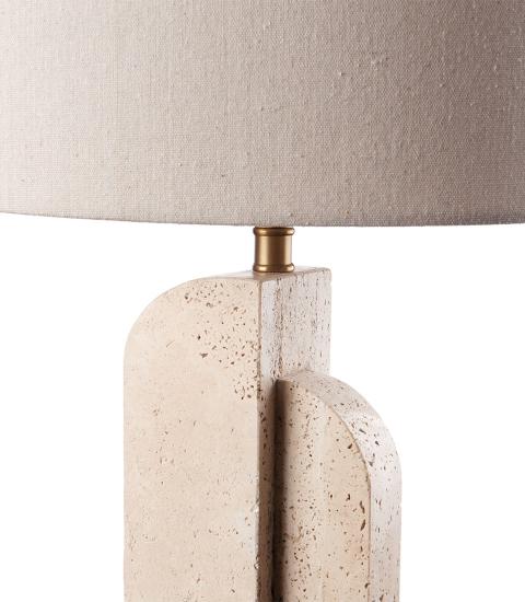 LAMPADA DA TAVOLO IN TRAVERTINO METALLO E PARALUME IN LINO