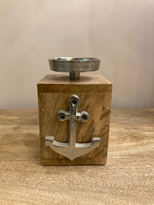 Small wooden and steel candle holder