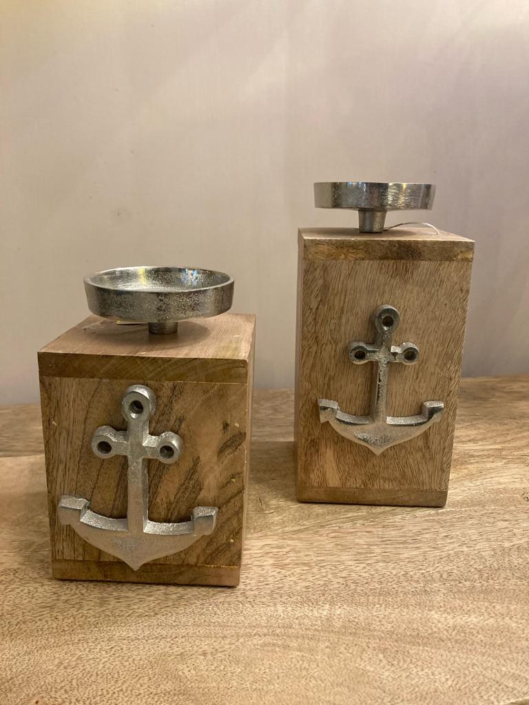 Large wooden and steel candle holder